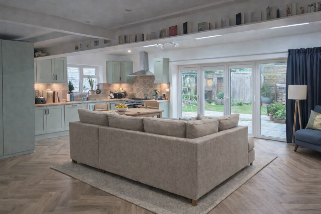 open plan kitchen living Crawley modern layout transformation