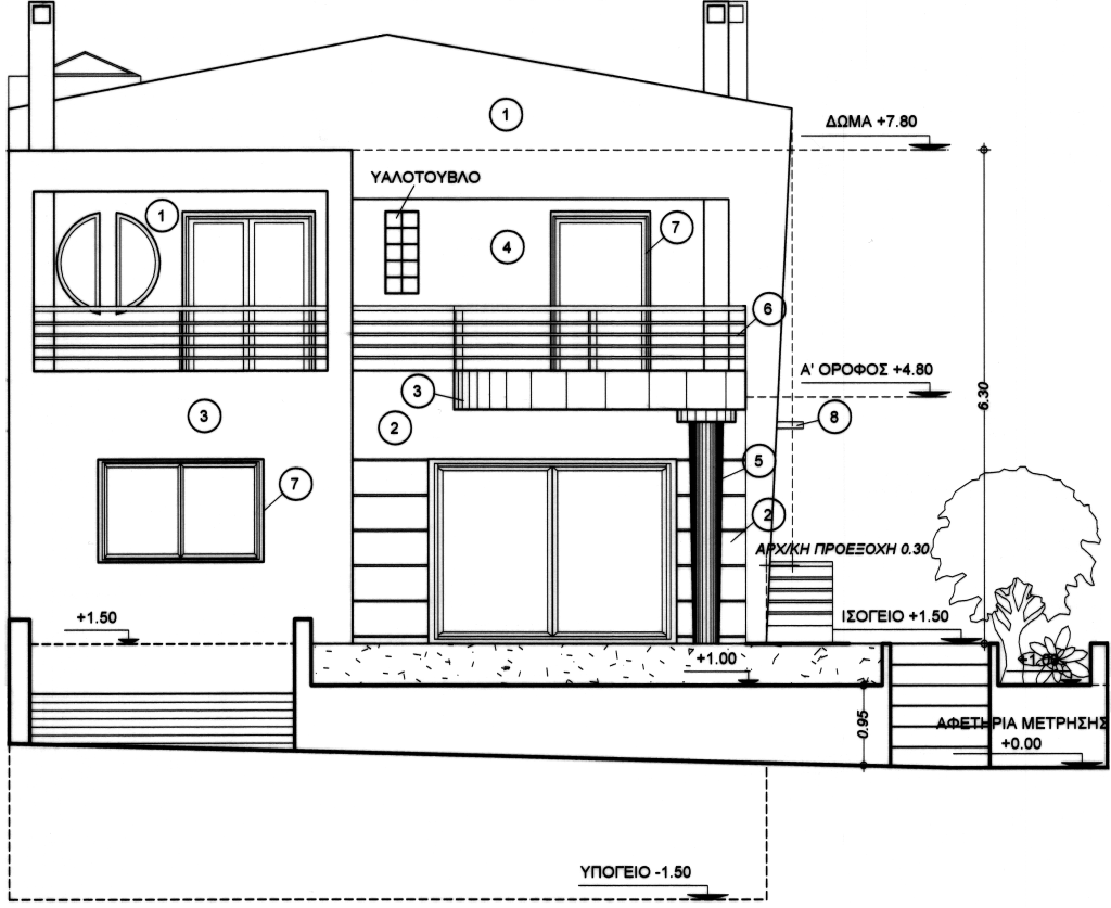 Front elevation drawing of a private villa in Adames, Kifisia showing the contemporary façade and concealed pitched roof.