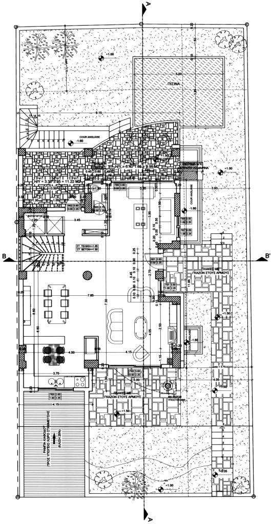 Ground floor plan of a private villa in Adames, Kifisia showing the open-plan living spaces and their connection to the rear garden and swimming pool.
